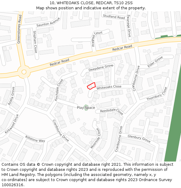 10, WHITEOAKS CLOSE, REDCAR, TS10 2SS: Location map and indicative extent of plot