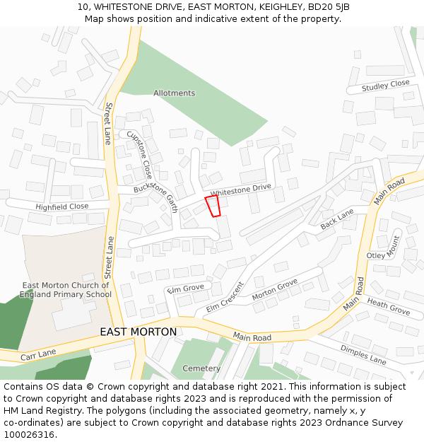 10, WHITESTONE DRIVE, EAST MORTON, KEIGHLEY, BD20 5JB: Location map and indicative extent of plot