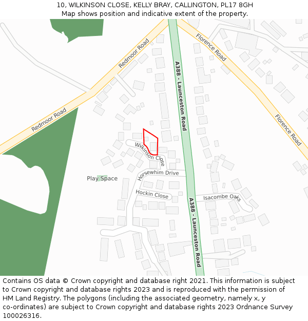 10, WILKINSON CLOSE, KELLY BRAY, CALLINGTON, PL17 8GH: Location map and indicative extent of plot