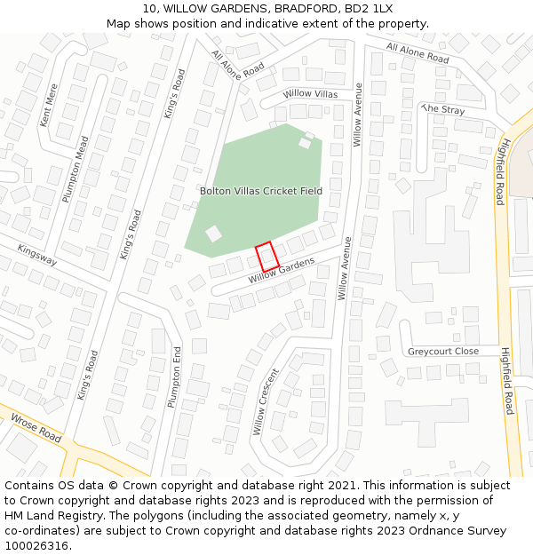 10, WILLOW GARDENS, BRADFORD, BD2 1LX: Location map and indicative extent of plot