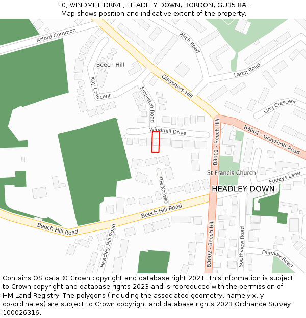 10, WINDMILL DRIVE, HEADLEY DOWN, BORDON, GU35 8AL: Location map and indicative extent of plot