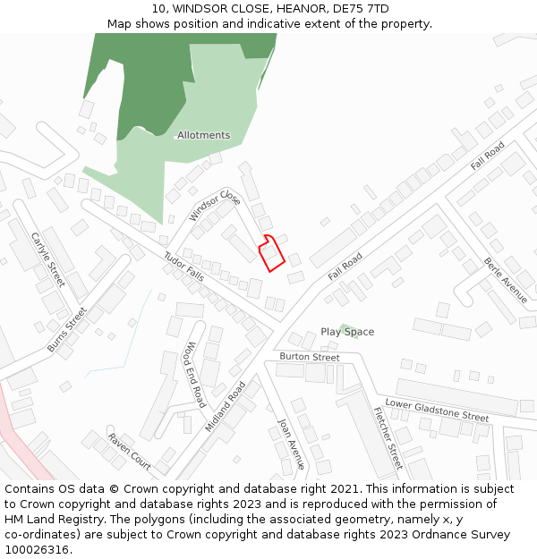 10, WINDSOR CLOSE, HEANOR, DE75 7TD: Location map and indicative extent of plot