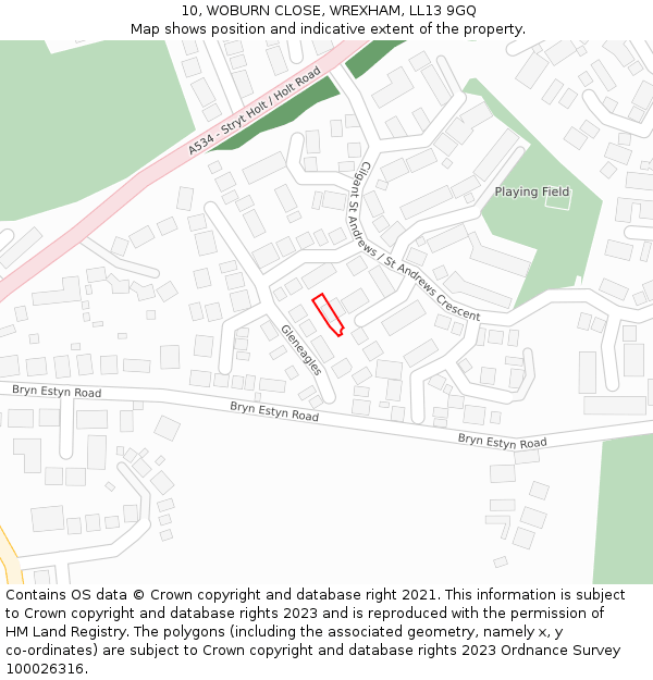 10, WOBURN CLOSE, WREXHAM, LL13 9GQ: Location map and indicative extent of plot