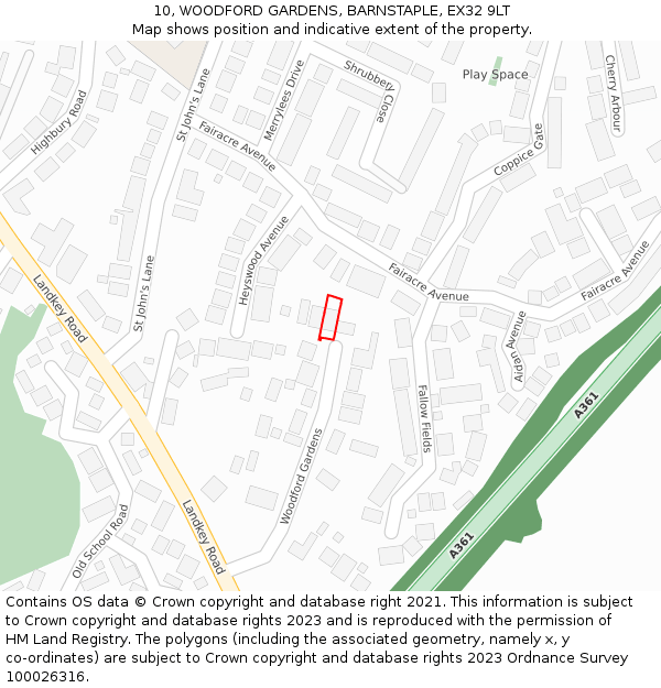 10, WOODFORD GARDENS, BARNSTAPLE, EX32 9LT: Location map and indicative extent of plot