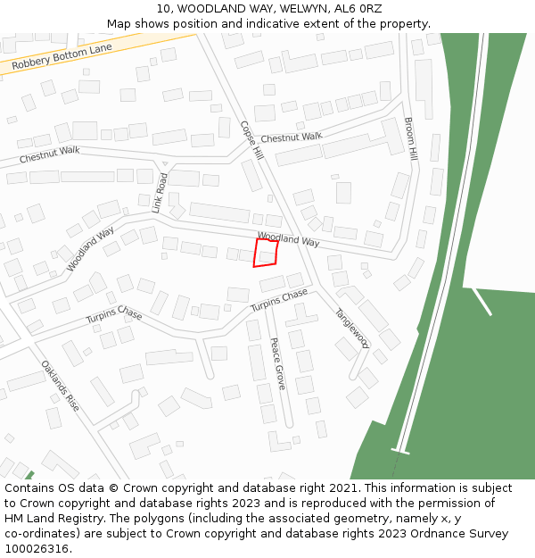 10, WOODLAND WAY, WELWYN, AL6 0RZ: Location map and indicative extent of plot