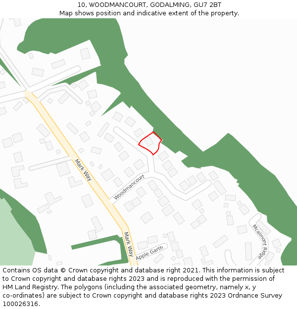 10, WOODMANCOURT, GODALMING, GU7 2BT: Location map and indicative extent of plot