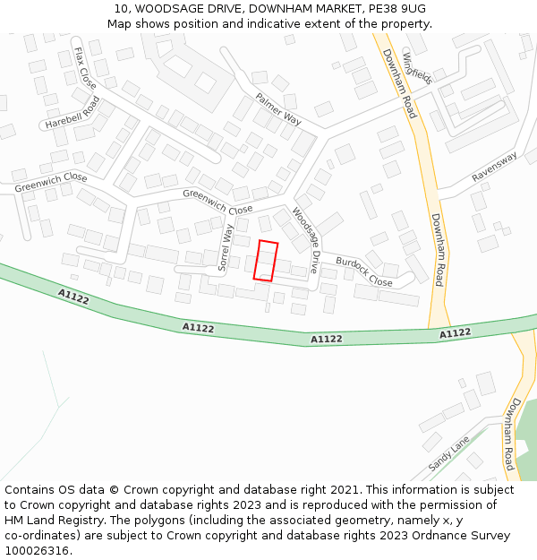 10, WOODSAGE DRIVE, DOWNHAM MARKET, PE38 9UG: Location map and indicative extent of plot