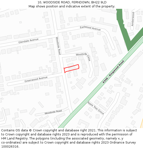 10, WOODSIDE ROAD, FERNDOWN, BH22 9LD: Location map and indicative extent of plot