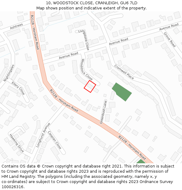 10, WOODSTOCK CLOSE, CRANLEIGH, GU6 7LD: Location map and indicative extent of plot