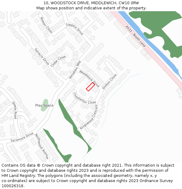 10, WOODSTOCK DRIVE, MIDDLEWICH, CW10 0RW: Location map and indicative extent of plot