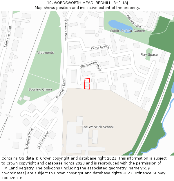 10, WORDSWORTH MEAD, REDHILL, RH1 1AJ: Location map and indicative extent of plot