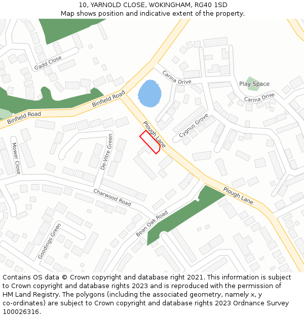 10, YARNOLD CLOSE, WOKINGHAM, RG40 1SD: Location map and indicative extent of plot