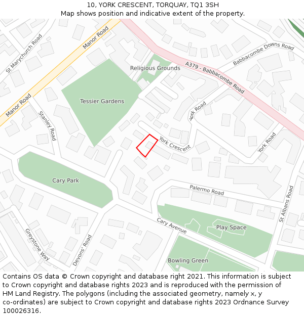 10, YORK CRESCENT, TORQUAY, TQ1 3SH: Location map and indicative extent of plot