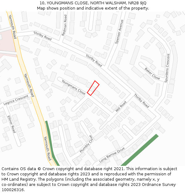 10, YOUNGMANS CLOSE, NORTH WALSHAM, NR28 9JQ: Location map and indicative extent of plot