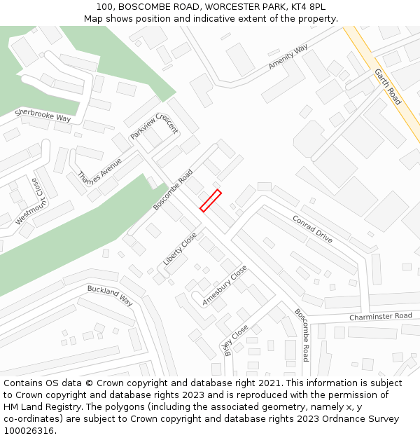 100, BOSCOMBE ROAD, WORCESTER PARK, KT4 8PL: Location map and indicative extent of plot