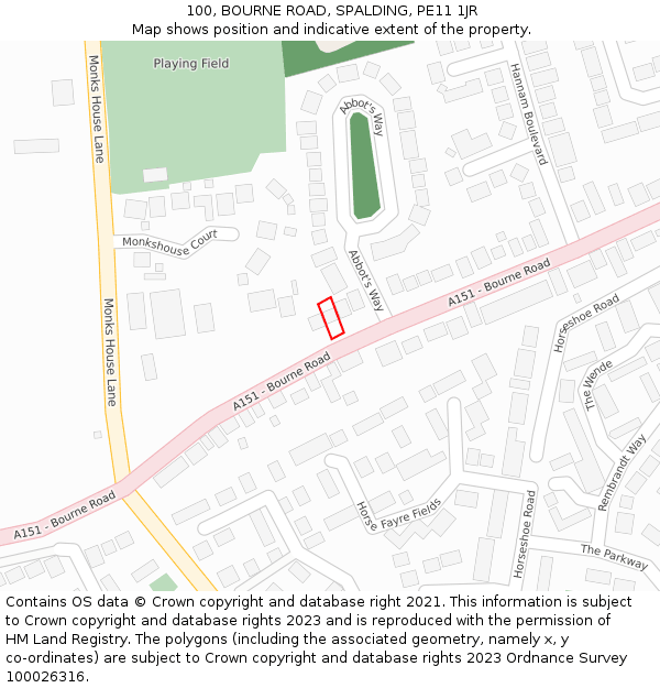 100, BOURNE ROAD, SPALDING, PE11 1JR: Location map and indicative extent of plot