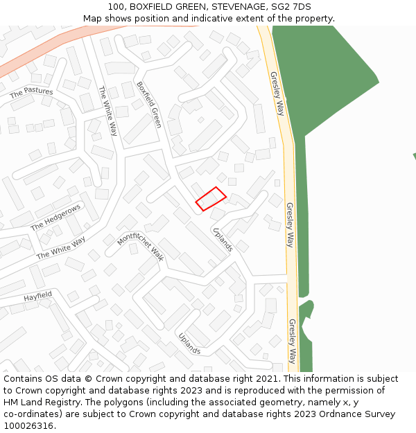 100, BOXFIELD GREEN, STEVENAGE, SG2 7DS: Location map and indicative extent of plot