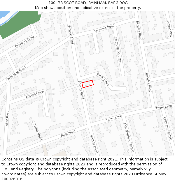 100, BRISCOE ROAD, RAINHAM, RM13 9QG: Location map and indicative extent of plot