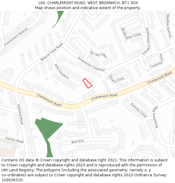 100, CHARLEMONT ROAD, WEST BROMWICH, B71 3DX: Location map and indicative extent of plot