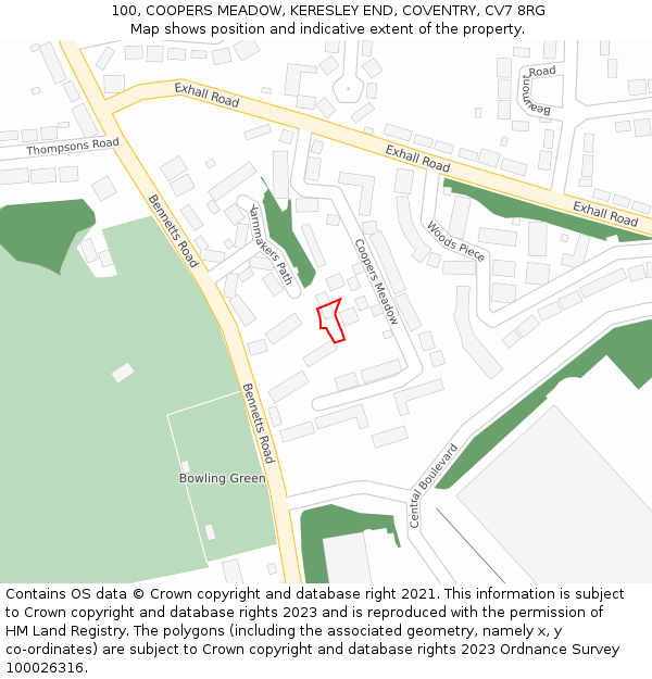 100, COOPERS MEADOW, KERESLEY END, COVENTRY, CV7 8RG: Location map and indicative extent of plot