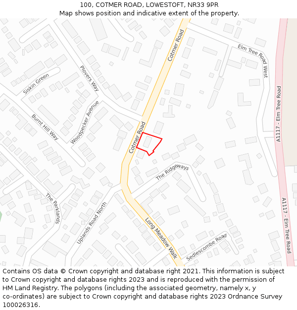 100, COTMER ROAD, LOWESTOFT, NR33 9PR: Location map and indicative extent of plot