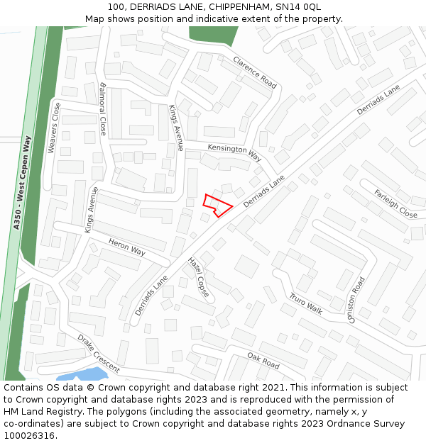 100, DERRIADS LANE, CHIPPENHAM, SN14 0QL: Location map and indicative extent of plot