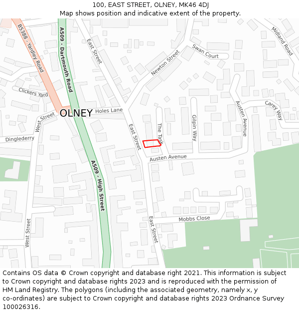 100, EAST STREET, OLNEY, MK46 4DJ: Location map and indicative extent of plot