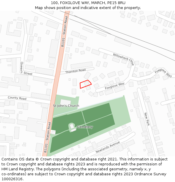 100, FOXGLOVE WAY, MARCH, PE15 8RU: Location map and indicative extent of plot