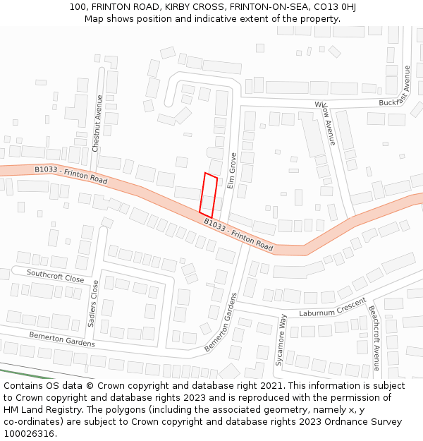 100, FRINTON ROAD, KIRBY CROSS, FRINTON-ON-SEA, CO13 0HJ: Location map and indicative extent of plot