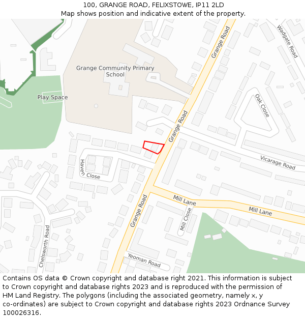 100, GRANGE ROAD, FELIXSTOWE, IP11 2LD: Location map and indicative extent of plot