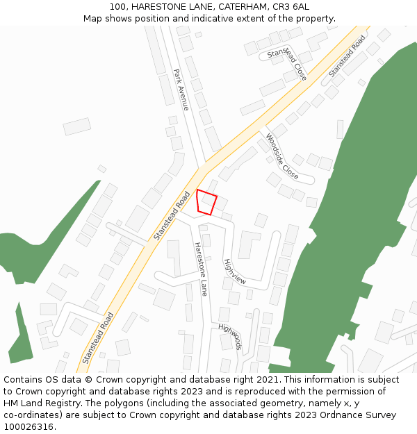 100, HARESTONE LANE, CATERHAM, CR3 6AL: Location map and indicative extent of plot