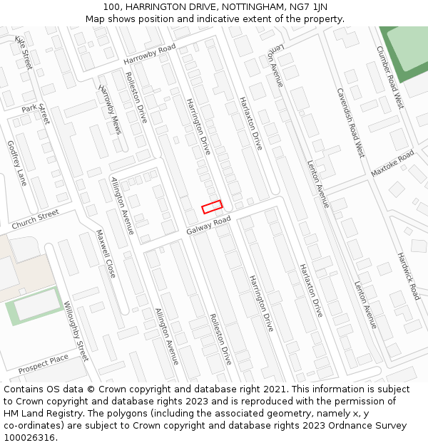 100, HARRINGTON DRIVE, NOTTINGHAM, NG7 1JN: Location map and indicative extent of plot
