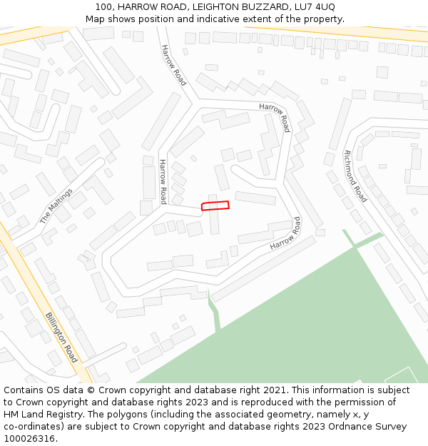 100, HARROW ROAD, LEIGHTON BUZZARD, LU7 4UQ: Location map and indicative extent of plot