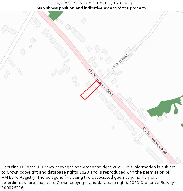 100, HASTINGS ROAD, BATTLE, TN33 0TQ: Location map and indicative extent of plot