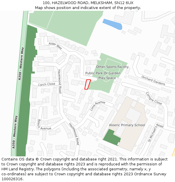 100, HAZELWOOD ROAD, MELKSHAM, SN12 6UX: Location map and indicative extent of plot