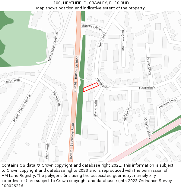 100, HEATHFIELD, CRAWLEY, RH10 3UB: Location map and indicative extent of plot