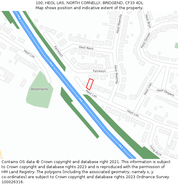 100, HEOL LAS, NORTH CORNELLY, BRIDGEND, CF33 4DL: Location map and indicative extent of plot