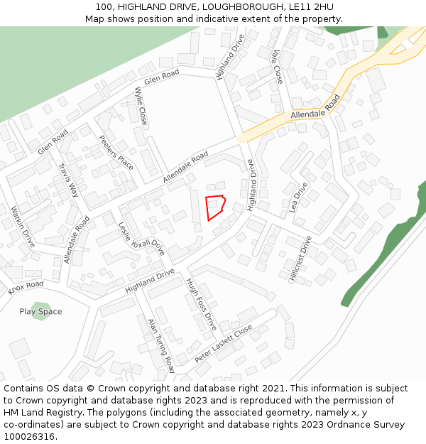 100, HIGHLAND DRIVE, LOUGHBOROUGH, LE11 2HU: Location map and indicative extent of plot