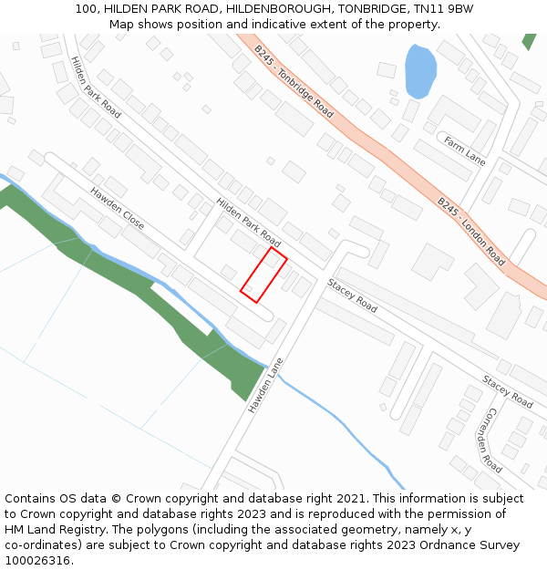 100, HILDEN PARK ROAD, HILDENBOROUGH, TONBRIDGE, TN11 9BW: Location map and indicative extent of plot