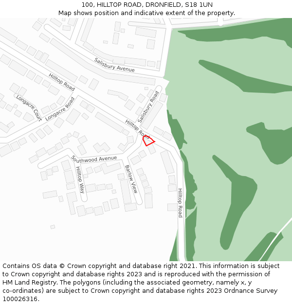 100, HILLTOP ROAD, DRONFIELD, S18 1UN: Location map and indicative extent of plot