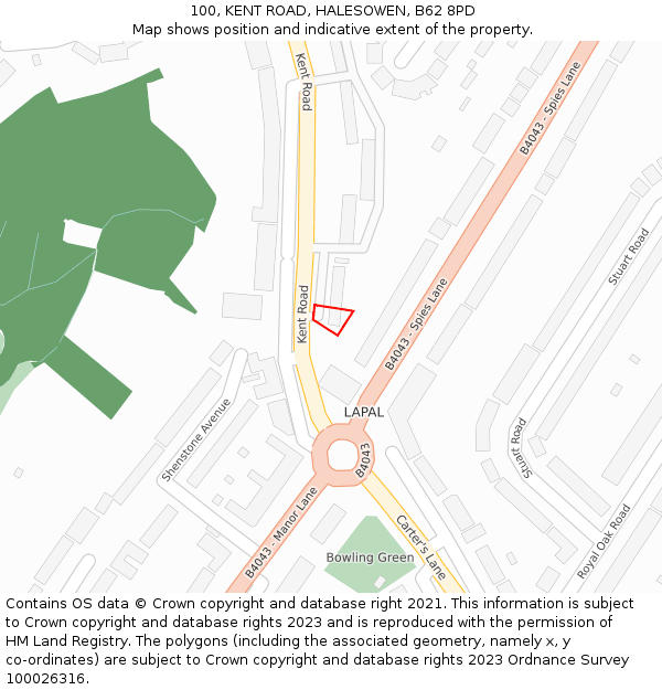 100, KENT ROAD, HALESOWEN, B62 8PD: Location map and indicative extent of plot