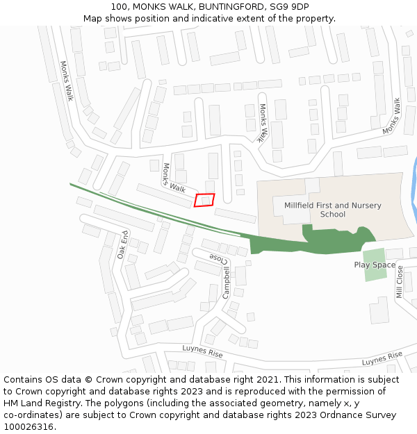 100, MONKS WALK, BUNTINGFORD, SG9 9DP: Location map and indicative extent of plot