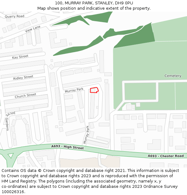 100, MURRAY PARK, STANLEY, DH9 0PU: Location map and indicative extent of plot