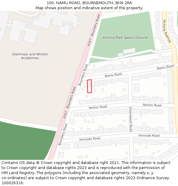 100, NAMU ROAD, BOURNEMOUTH, BH9 2RA: Location map and indicative extent of plot