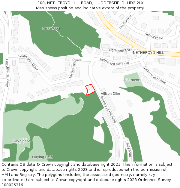 100, NETHEROYD HILL ROAD, HUDDERSFIELD, HD2 2LX: Location map and indicative extent of plot