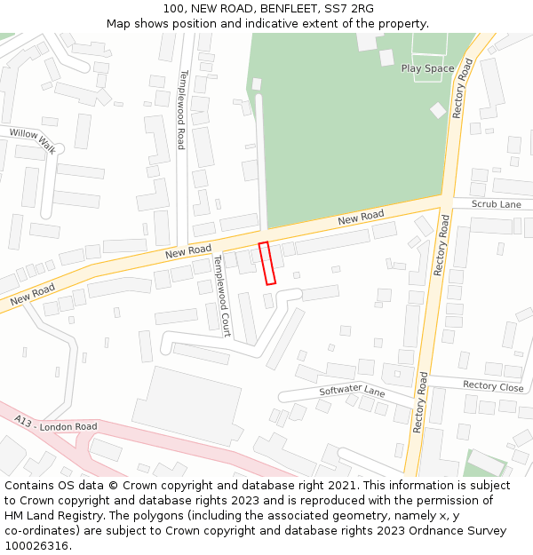 100, NEW ROAD, BENFLEET, SS7 2RG: Location map and indicative extent of plot