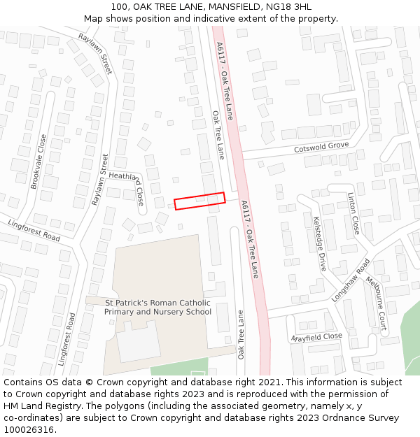 100, OAK TREE LANE, MANSFIELD, NG18 3HL: Location map and indicative extent of plot