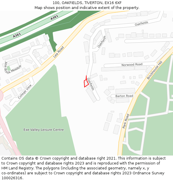 100, OAKFIELDS, TIVERTON, EX16 6XF: Location map and indicative extent of plot