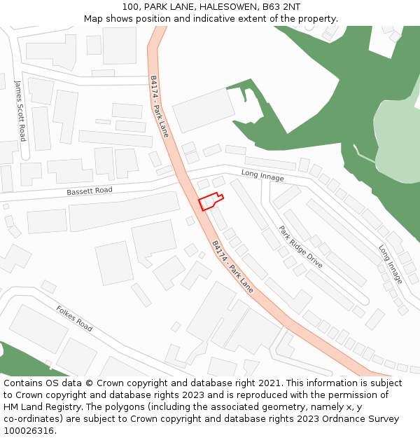 100, PARK LANE, HALESOWEN, B63 2NT: Location map and indicative extent of plot