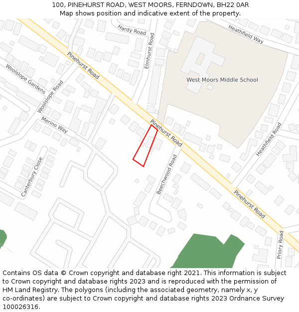 100, PINEHURST ROAD, WEST MOORS, FERNDOWN, BH22 0AR: Location map and indicative extent of plot